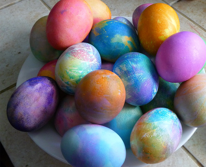 Bowl of brilliantly dyed Easter eggs