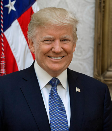 A photograph of Donald Trump in front of the American flag.