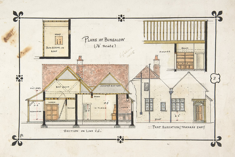 Flat drawing of two sides of a bungalow and some of the rooms.