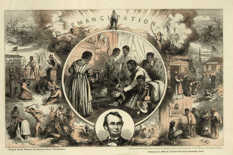 The central scene shows the interior of a freedman's home with the family gathered around a Union wood stove. The father bounces his small child on his knee while his wife and others look on. On the wall near the mantel hang a picture of Abraham Lincoln and a banjo. Below this scene is an oval portrait of Lincoln and above it, Thomas Crawford's statue of Freedom. On either side of the central picture are scenes contrasting black life in the South under the Confederacy (left) with visions of the freedman's life after the war (right). At top left fugitive slaves are hunted down in a coastal swamp. Below, a black man is sold, apart from his wife and children, on a public auction block. At bottom a black woman is flogged and a male slave branded. Above, two hags, one holding the three-headed hellhound Cerberus, preside over these scenes, and flee from the gleaming apparition of Freedom. In contrast, on the right, a woman with an olive branch and scales of justice stands triumphant. Here, a freedman's cottage can be seen in a peaceful landscape. Below, a black mother sends her children off to Public School. At bottom a free Negro receives his pay from a cashier. Two smaller scenes flank Lincoln's portrait. In one a mounted overseer flogs a black field slave (left); in the other a foreman politely greets Negro cotton-field workers.