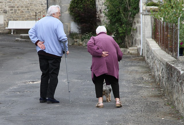 An elderly man and woman with canes walking and in obvious pain