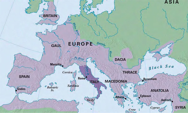 The purple area in this map indicates the breadth of the Roman Empire.