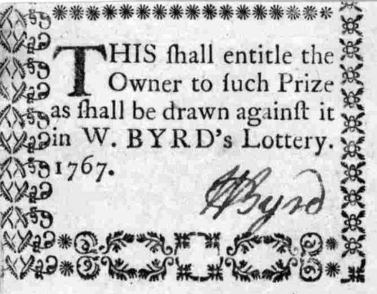 A ticket from 1767 for the William Byrd Lottery.
