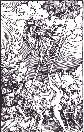 A woodcut of poverty, sickness, lust and death thwarting the ascension to heaven. Illustration from a 1531 edition of Cicero's De Officiis.