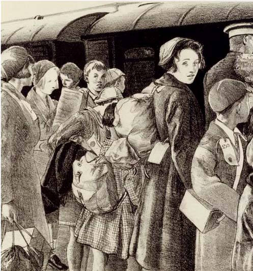 A crowd of children stand on a railway platform, waiting to be evacuated to the country.