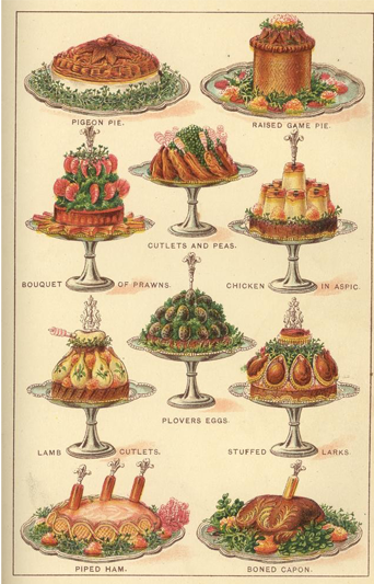 Silver stands topped with elaborate displays of meat and poultry