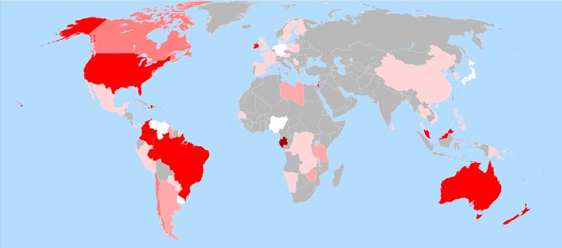 A two-dimensional map showing the extent of fluoridated water usage around the world. Colors indicate the percentage of population in each country that receives fluoridated water, where the fluoridation is to levels recommended for preventing tooth decay. This includes both artificially and naturally fluoridated water.
