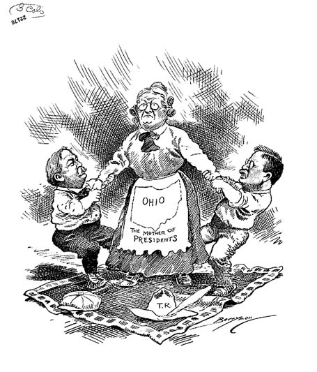 A sketch of a woman representing Ohio being tugged on by two children - President William Howard Taft and Teddy Roosevelt.