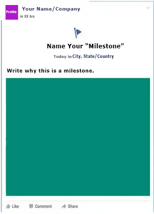 In the upper left corner is the profile, your name, and the time. In the upper center is the Milestone headline with its location below that. Taking up most of the page is a block for the image.