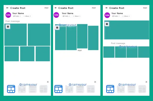 Three side-by-side grapic examples of how a multi-image page can be laid out.