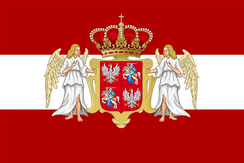 Horizontally striped with red, white, and red, this fictional flag centers on angels on either side of a shield quartered with a phoenix in the upper left and bottom right fields and a knight on horseback in the lower left and upper right fields. On top of the shield is a crown lined in pearls and a gold cross on the top.