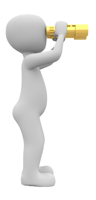 A white cartoon doughboy in profile holding up a pair of yellow binoculars