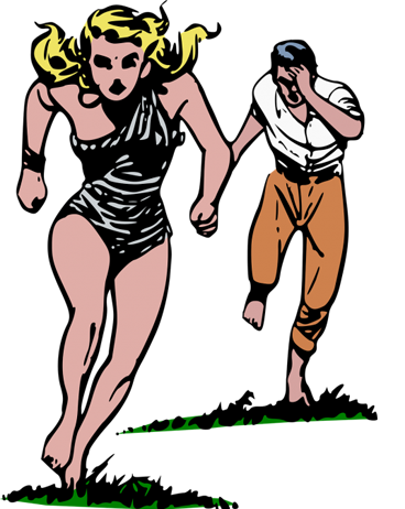 Cartoon graphic of a woman in a zebra fur being chased by a man in shirt and pants