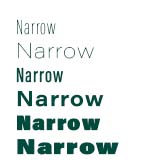 Six examples using the word narrow to display different widths in the same typeface.