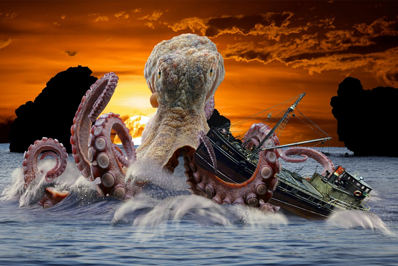 Against a red sky, a giant octopus attacks a ship in the sea between two looming rocks.