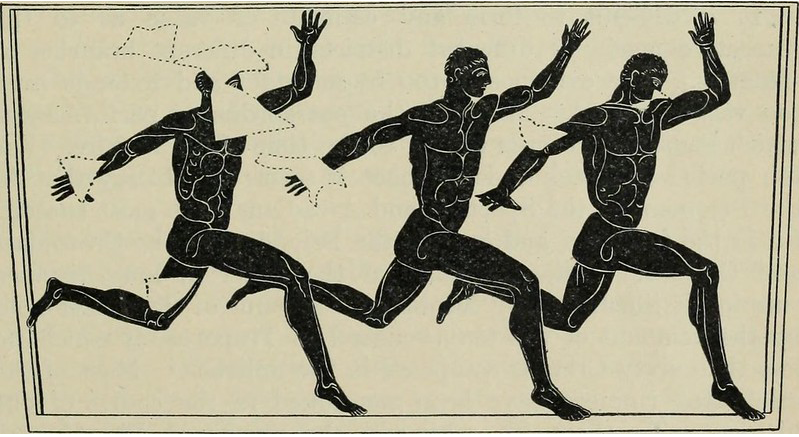 Three stylized silhouettes of Greek athlettes running in a clump against a textured gray background