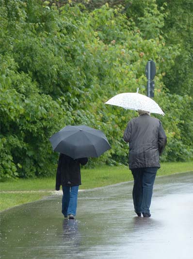 Two people with their own umbrella walking away down a road in rainy weather.
