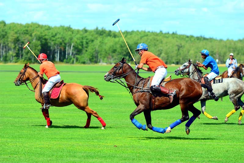 Three polo players galloping down the field.
