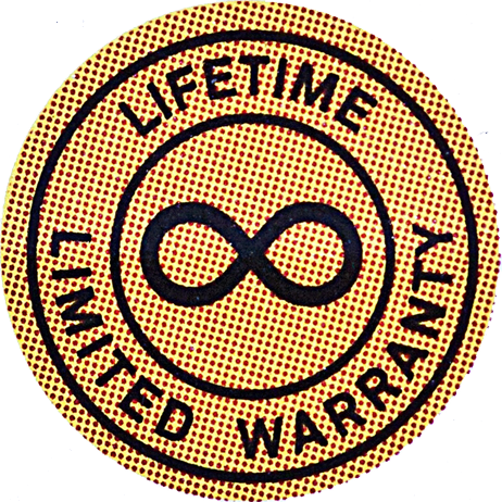 A yellow circle embedded with reddish brown dots and a double outline in black with an infinity symbol in the center