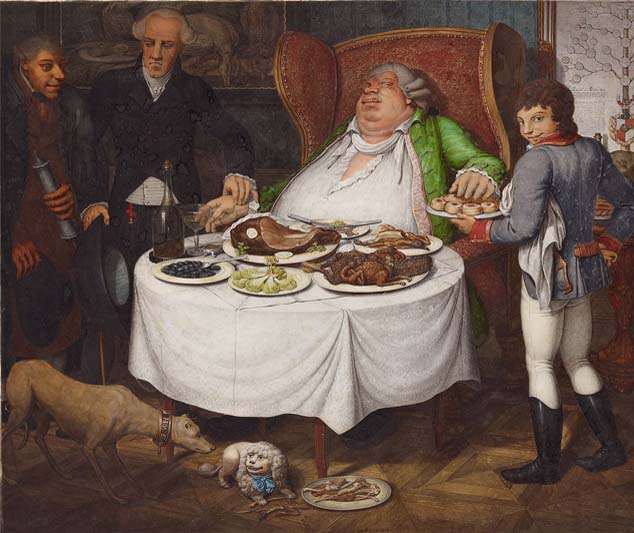 A fat, be-wigged man sits in a wing chair before a table loaded with good. On the right, he's being served a platter of good by a young boy while on the left a doctor is taking his pulse and another man is standing by.