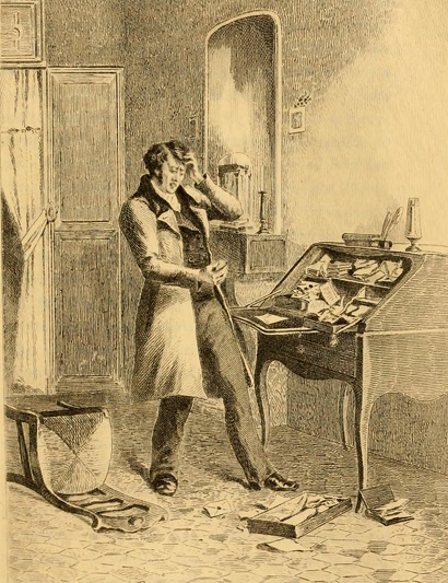 18th century gentleman groaning at the mess made by dropping a drawer full of papers on the floor