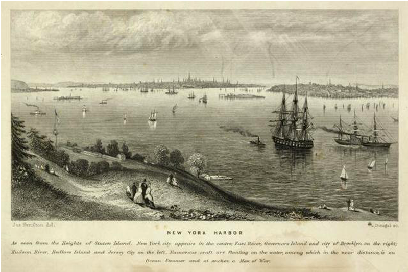 A vintage engraving with an aerial engraving of New York Harbor