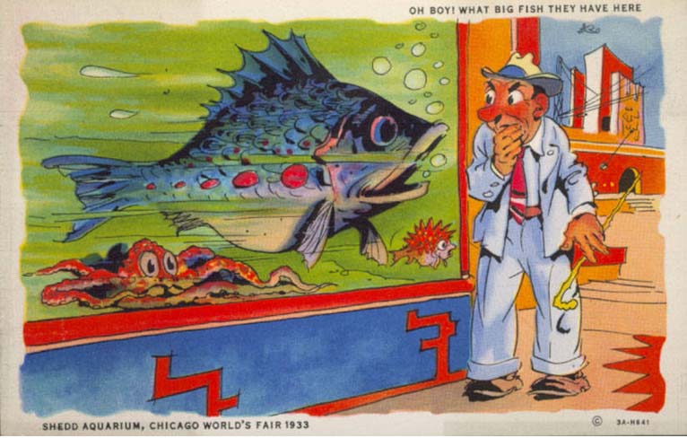Colorful cartoon of a besuited man goggling at a poster of a giant fish