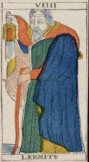 Bearded man standing and holding a walking stick in his left hand and lantern in his right; Roman numeral VIIII printed on top border and LERMITE printed on bottom; from a deck of 78 hand-colored triumph playing cards. Original from the Minneapolis Institute of Art.