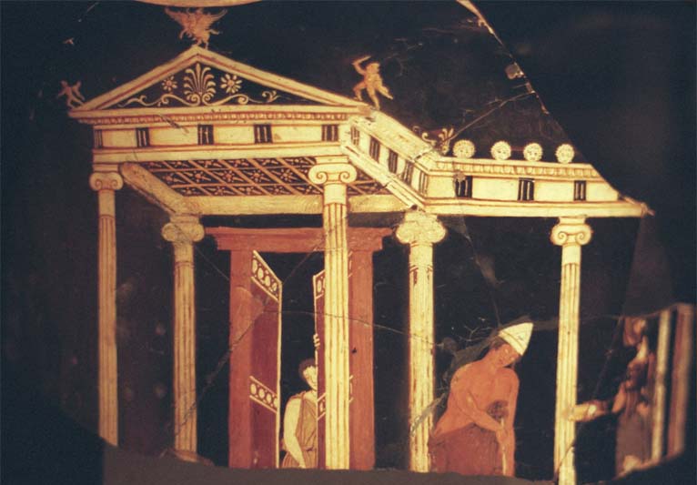 A Greek temple painted onto black pottery.