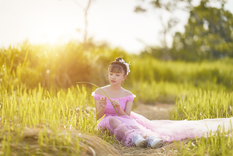 An innocent-looking woman in a long pink gown sits in a golden meadow
