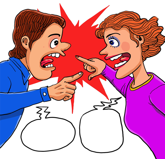A cartoon graphic of a couple arguing