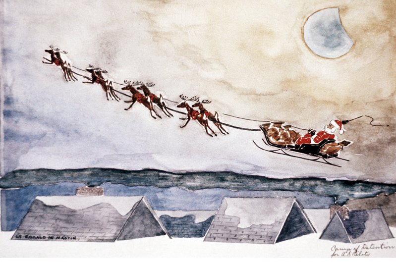 A watercolor of Santa and his sleigh pulled by reindeer over a gray tent encampment under a gloomy brown sky.