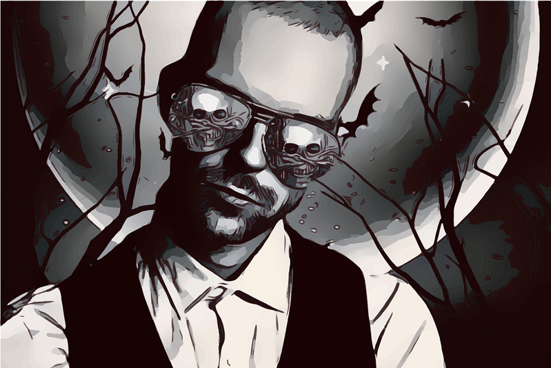 Black-and-white portrait of a bearded man wearing skull-reflecting glasses against a backdrop of a huge full moon with spidery branches on either side of him