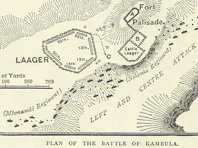 An old map showing the battle plan for Kambula with a laager