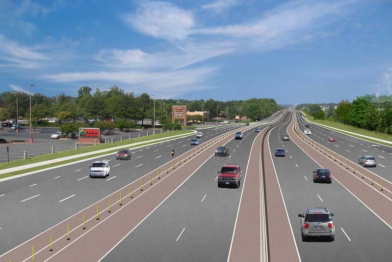 Photo simulation showing an expressway with 2 express lanes in each direction in the median. 