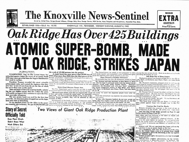 News headline about WWII atomic bomb
