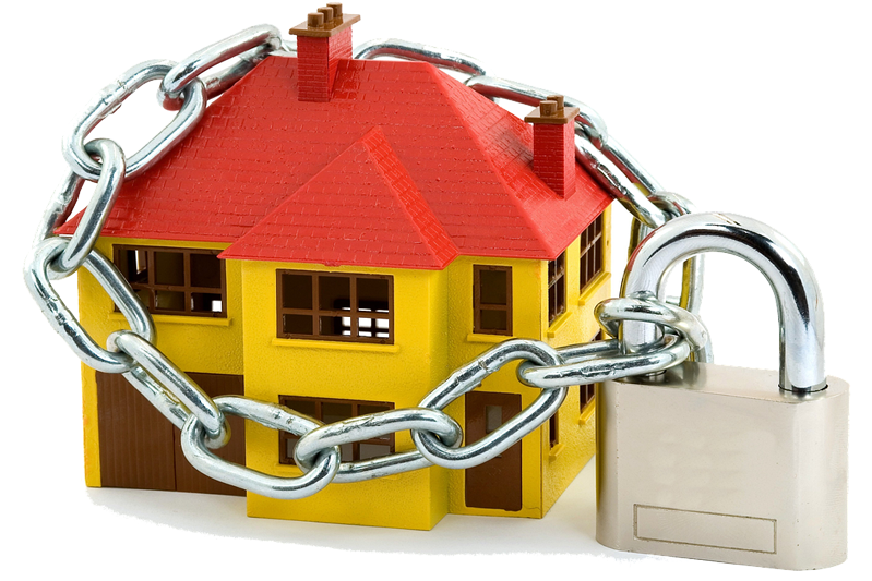 A graphic image of a two-story yellow house with a red roof and a chain wrapped around it with a lock.