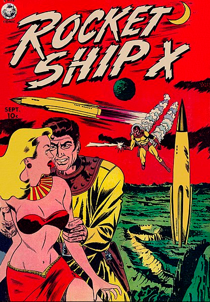 Comic book cover of a rocket ship