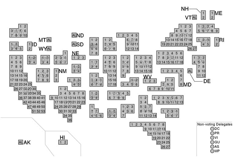 A cartogram representing the number of seats, the states have received as a result of the 2010 census. The district names are from top to bottom, left to right in a linear manner.