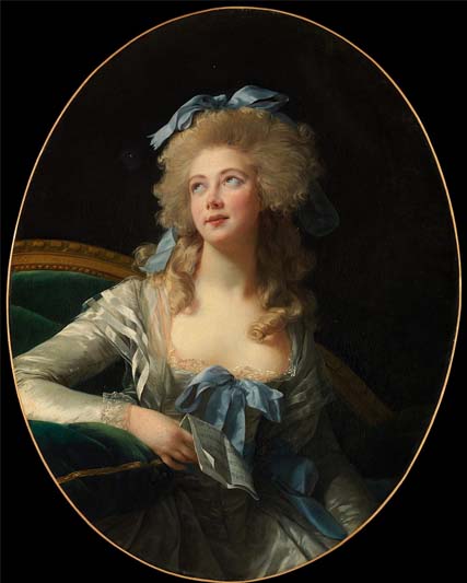 Against a black background and encircled with a thin gold border is a portrait of Madame Grand who later married Talleyrand.