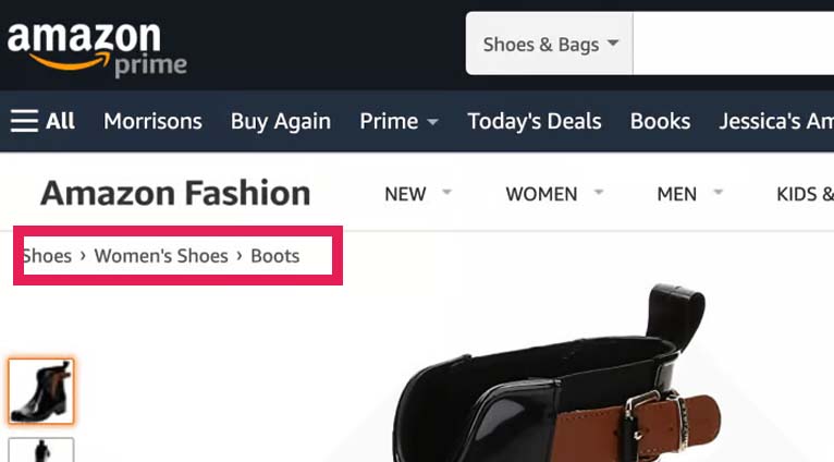 A close-up of Amazon's breadcrumb going from the main category of Shoes to Women's Shoes to Boots