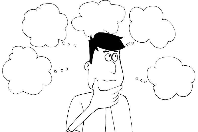 Line art showing a man having a lot of thought bubbles circling his head.