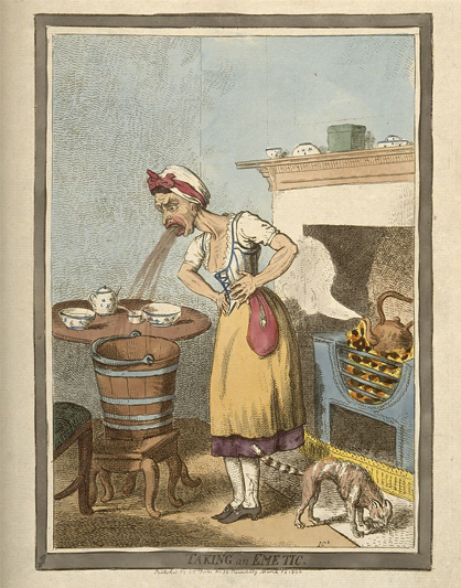 A caricactured watercolored etching of a woman holding her stomach and vomiting into a bucket after self administering an emetic.