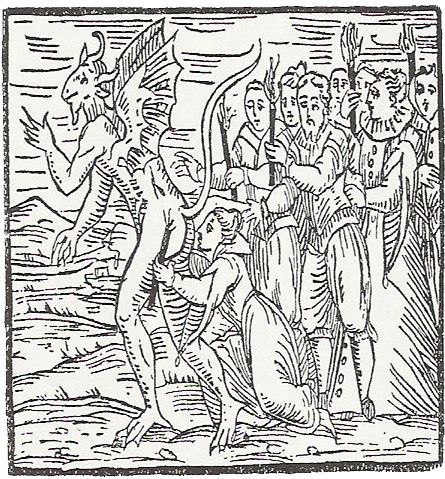 A woodcut in black-and-white with a devil's ass being kissed by a woman