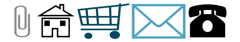 A row of icons that includes a paperclip, a house, a shopping cart, an envelope, and a telephone.