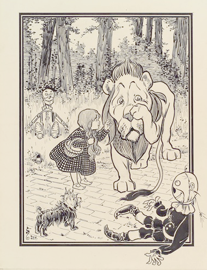 A drawing from the Wizard of Oz showing Dorothy scolding the Cowardly Lion as Toto, the Scarecrow, and the Tin Man look on.