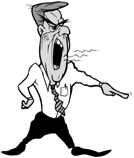 Black-and-white cartoon of a person pointing his finger while shouting out loud.