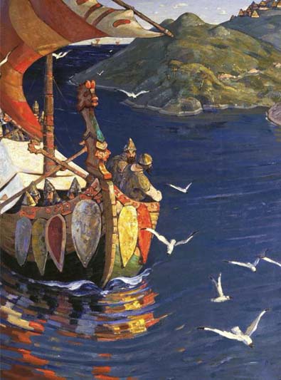 A colorful painting of a Viking-type ship sailing near a land mass.