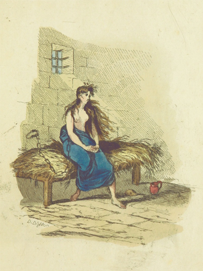 A girl in medieval clothing sitting on a bunk piled with straw to sleep on