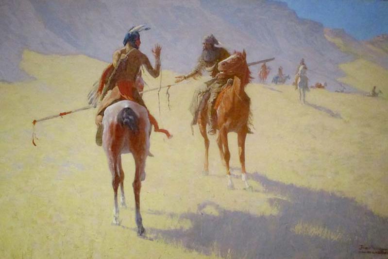 An oil painting by Frederic Remington of a meeting between an Indian and a settler on horseback.